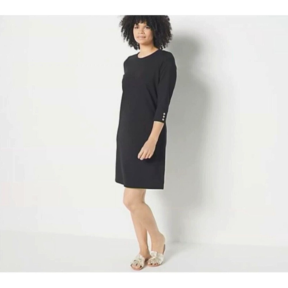 Denim & Co. Petite French‎ Terry 3/4-Sleeve Dress Black Petite 1X